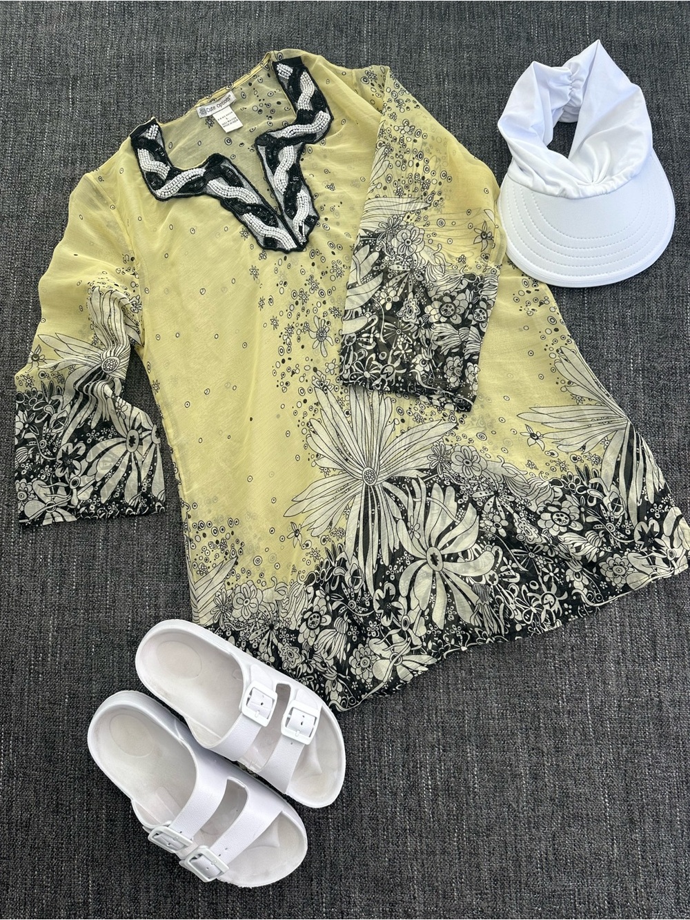 Light Yellow Floral Swim Coverup Tunic with Contrast Border